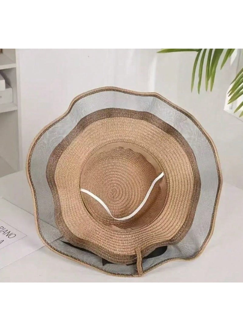 SHEIN Polyester Wide Brim Sun Hat For Women, Casual Beach Straw Hat With Bowknot & Letter Decor - Image 3